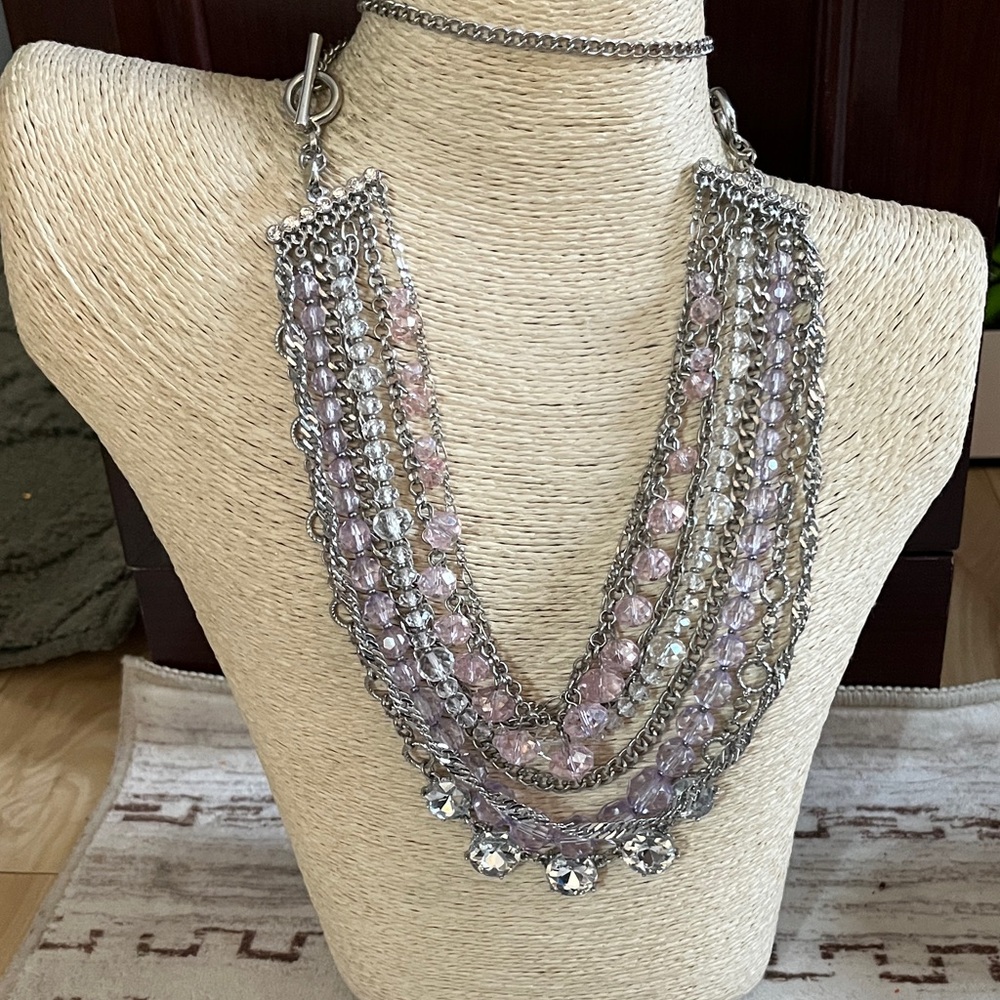 Charming Charlie Pink and Silver Multi-Strand Crystal Necklace